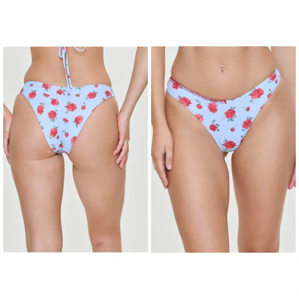 Frankie’s Bikinis Dove Bottom Bikini Rosewater Print Sky Blue Rose‎ Red Medium
